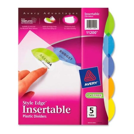 Avery Dennison Avery Style Edge Clear Plastic Insertable Divider, 8.5"x11", 5 Tabs, White/Multicolor 11200